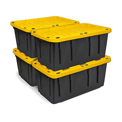 CX Heavy Duty 17-Gallon Stackable Plastic Storage Bins with Lids, 4 Pack | Storage totes for garage organization, Stackable containers, weather-resistant, snap lid, 12.5H x 18W x 26.9D, Black/Yellow - size: 17 Gallons