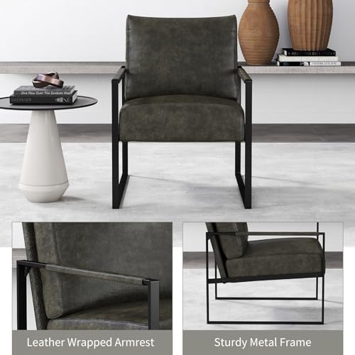 Mid Century Modern Accent Chair, PU Leather Armchair with Metal Frame,Comfy Single Reading Chair with Soft Padded Backrest and Cushion for Living Room, Bedroom,Reading Room,Office,Dark Grey - color: Dark Grey