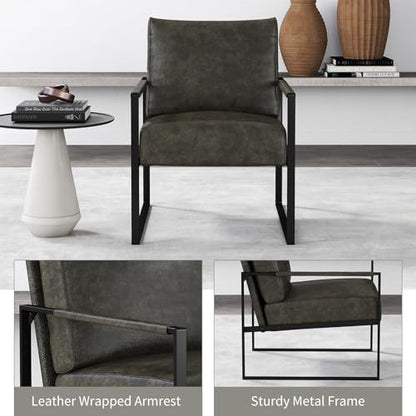 Mid Century Modern Accent Chair, PU Leather Armchair with Metal Frame,Comfy Single Reading Chair with Soft Padded Backrest and Cushion for Living Room, Bedroom,Reading Room,Office,Dark Grey - color: Dark Grey