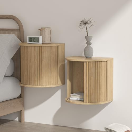 Floating Nightstand Set of 2 with Sliding Roller Shutter Doors,Wood | Set of 2 Floating Nightstands,Smooth Sliding Roller Shutters Hide Clutter.Curved Rounded Edges,Space-saving. - color: Floating Nightstand-oak