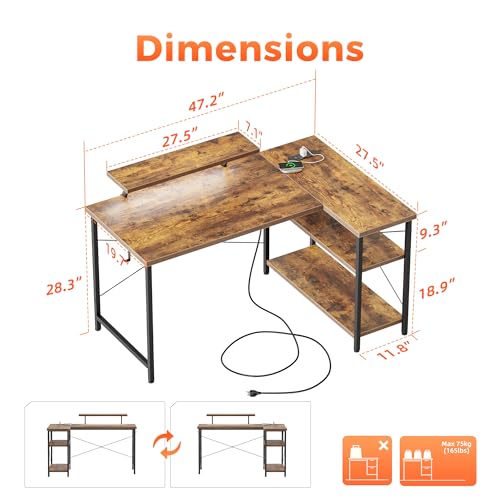 48 in Corner Desk with Monitor Stand, Small L Shaped Gaming Desk | Reversible Computer Desk with Power Outlets, LED Light & Storage Shelves, Office Table for Home Bedroom Study Work Writing - color: Brown, size: 48 inch