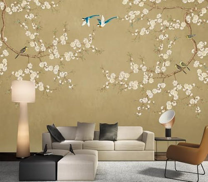 Eierme-Beautiful Background China Art. Flower with Bird Mural Wallpaper Peel and Stick 90" x 67" - color: No.22, size: 90" x 67"