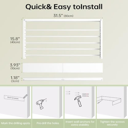 23.6-Inch Wall Mounted Foldable Clothes Drying Rack, White | Space-saving rack folds against the wall when not in use and includes a mounting template for indoor or balcony drying - color: White,w23.6''