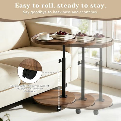 C Table End Table Adjustable Height, Couch Tables That slide under for Small Spaces, 360°Swivel TV Tray Table, C Shaped Side Tables Living Room and Bedroom for Sofa, Bed, Chair, Snack (Walnut Brown) - color: Walnut Brown