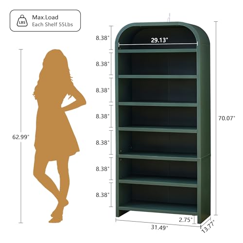 LEVNARY 70" Tall Arched Bookcase, 7-Tier Freestanding Storage Cabinet with Adjustable Shelves, Thick MDF Bookshelf for Bathroom Living Room Bedroom (Green) - color: Green