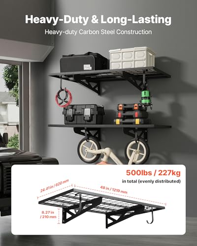 VEVOR 2-Pack Heavy Duty Garage Wall Shelving, 2 x 4 ft Steel Wall Mounted Shelving Unit with Hooks, 24 x 48 Inch Per Shelf Floating Storage Metal Rack for Garage, 500 lbs Total Weight Capacity - size: 2×4 ft
