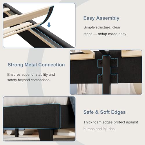 Einhomn Twin Size Bed Frame with Headboard, Upholstered Linen Platform Bedframe with Solid Wooden Slats, Noise-Free, No Box Spring Needed, Easy Assembly, Black - color: Black, size: Twin