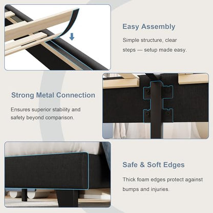 Einhomn Twin Size Bed Frame with Headboard, Upholstered Linen Platform Bedframe with Solid Wooden Slats, Noise-Free, No Box Spring Needed, Easy Assembly, Black - color: Black, size: Twin