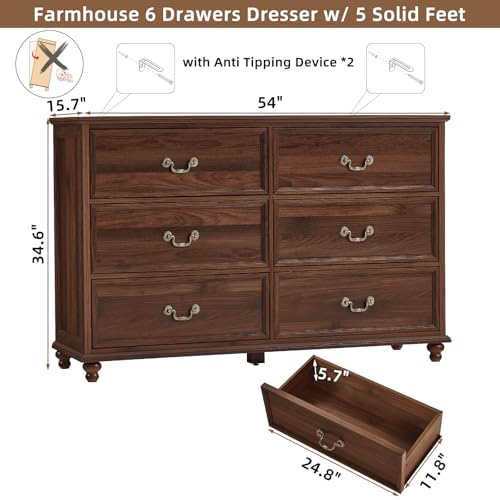 Joaxswe Farmhouse 6 Drawers Dresser for Bedroom, Vintage 54" Wide Chest of Drawers w/ 4 Wooden Legs, Rustic Large Closet Storage Dressers Organizer for Hallway, Wood TV Stand for Living Room, Brown - color: Retro Brown, size: 15.7"D x 54"W x 34.6"H (6 Dra
