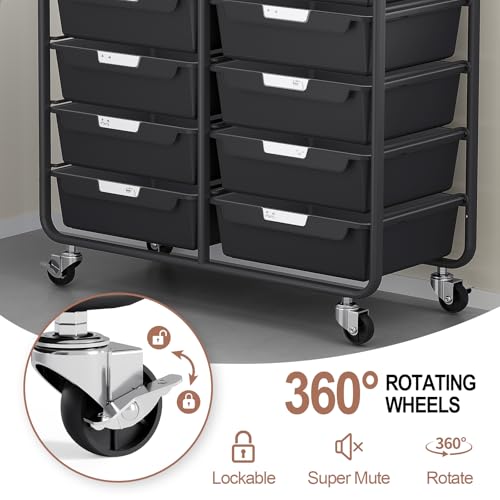 10 Drawers Rolling Cart with Wooden Tabletop, Utility Storage Cart with Wheels, Art Supply Craft Organizer on Wheel with Metal Frame & Handles for Home Office School,Black | Easy Setup, Large Capacity, Sturdy Build, Lockable Mobility, For office, classroo