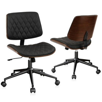 CLATINA Home Office Desk Chair with Wheels, Adjustable Height Armless Office Chair, PU Leather Mid Back 360 Swivel Computer Chair, Modern Walnut Chair for Home, Meeting, Reading Room,Black(2 pk) - color: Black Diamond-b, size: 2 Pack