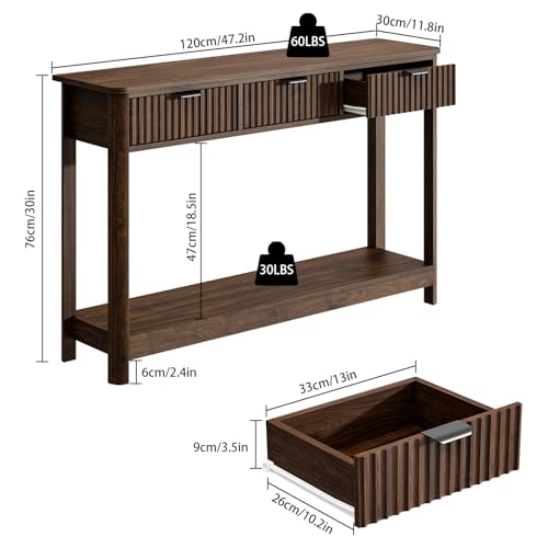 RUSTOWN Fluted Wood Console Table with 3 Drawers, 47.2" Boho Entryway Table | Narrow Behind Couch Sofa Table, Open Storage Shelf, Curved legs, 2 Tier Modern Farmhouse Hallway Table for Living Room, Foyer - color: Dark Walnut
