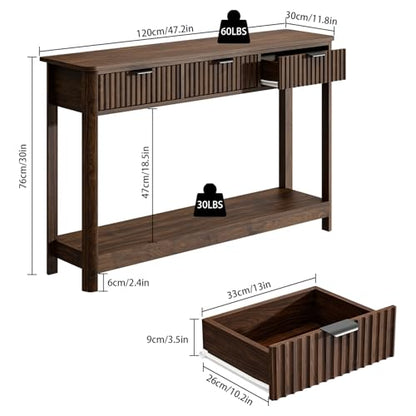 RUSTOWN Fluted Wood Console Table with 3 Drawers, 47.2" Boho Entryway Table | Narrow Behind Couch Sofa Table, Open Storage Shelf, Curved legs, 2 Tier Modern Farmhouse Hallway Table for Living Room, Foyer - color: Dark Walnut