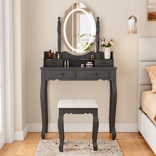 Vanity Desk with Mirror and Lights, Makeup Table with Cushioned Stool Set | Modern Vanity with 4 Drawers, 3 Color Lighting Modes with Adjustable Brightness, Dressing Table Set for Bedroom, Black Vanity - style: Black Vanity