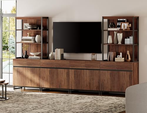 WAMPAT Modern Wall Unit TV Stand with 3 Tiers Bookshelf, Farmhouse Entertainment Center with 4 Storage Cabinets and Adjustable Shelf, Media TV Console with Black Metal Leg for Living Room, Brown - color: Brown-a