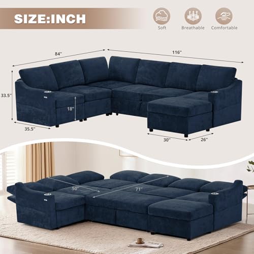 116" Chenille Modular Sofa Bed w/Adjustable Backrests, Blue | U-Shape Sleeper Sofa w/USB Ports & Storage Space, Convertible Corner Sectional Couch w/Pull Out Bed for House, Living Room - color: Blue, style: U-Shape