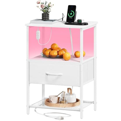 Somdot Nightstand with Charging Station & LED Light, Bedroom Bedside Table | Dorm, Guest Room, Kids Room, Laundry, Closet, Entryway and Hallway, White - color: White, size: 11.8"D x 15.7"W x 23.4"H (1 Drawers)