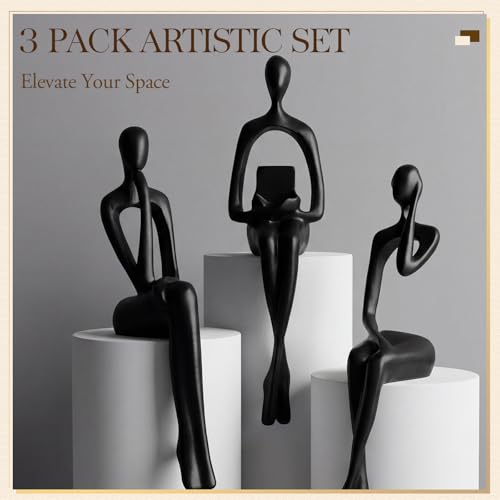 3 Pcs Small Thinker Statue Decor, Modern Abstract Sitting Sculptures for Home Decor, Resin Figurines Bookshelf Decoration Accents, Elegant Desk Cabinet Ornaments for Living Room, Office(Black) - color: Black