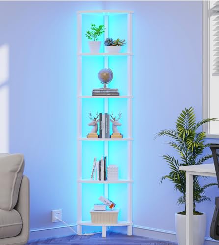 VIMBER Corners Shelf with LED Light, 6-Tier Corner Bookshelf, Industrial Corner-Ladder Shelf, Modern Display Shelf for Living Room, Bedroom, Kitchen, Home Office, Sturdy Frame, White UJSJ002W - color: White, size: 6-Tier with LED