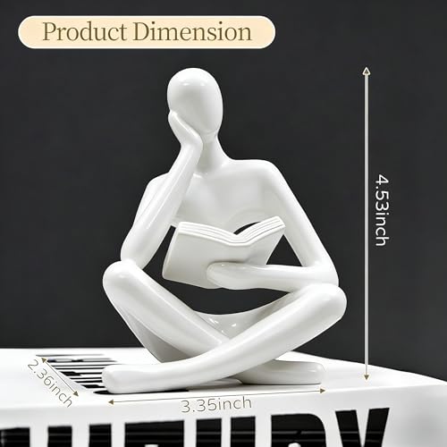 Bookshelf Decor Thinker Statue - Abstract Art Reading Thinker Sculpture Figurine Aesthetic, Modern Home Decoration for Living Room Office Shelves Coffee Table Desk Decor(White)