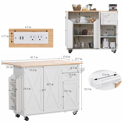 50.4" Kitchen Island with Drop Leaf & Power Outlet, Farmhouse Rolling Island Cart with 3 Spices Shelves on Wheels, Mobil Kitchen Island Table with Rubberwood Countertop Towel Rack, White - color: White, size: 3 Spice Shelves