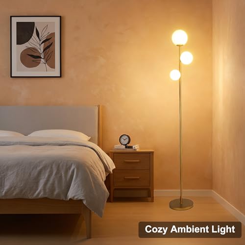 Fiqevs 3 Globe Floor Lamp Mid Century Modern, Gold Standing Lamp with Frosted Glass Shade & LED Bulbs, Tall Pole Light with Foot Switch for Living Room Bedroom Office - Antique Brass - color: 3 Globe- Gold