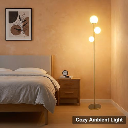Fiqevs 3 Globe Floor Lamp Mid Century Modern, Gold Standing Lamp with Frosted Glass Shade & LED Bulbs, Tall Pole Light with Foot Switch for Living Room Bedroom Office - Antique Brass - color: 3 Globe- Gold