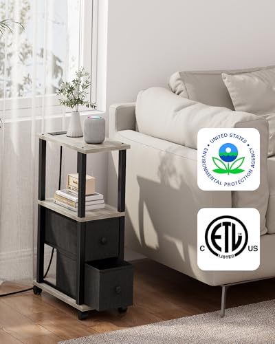 TUTOTAK Small Narrow End Tables, Side Tables with 2 Fabric Drawers, Set of 2, Bedside Tables with Charging Station for Small Spaces, Slim Nightstands with USB Ports and Wheels, TB01BG053 - color: Greige, style: with Outlets