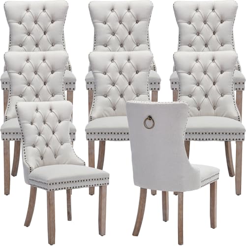 Beige-White Dining Chairs Set of 8, Tufted Kitchen & Dining Room Chairs | Eight Fabric Tufted Dinning Chairs, Linen Upholstered, Wing Back, Metal Pull Ring, Wood Frame, Mid Century Modern - color: A-2 Beige Linen, Wood Legs, size: 8
