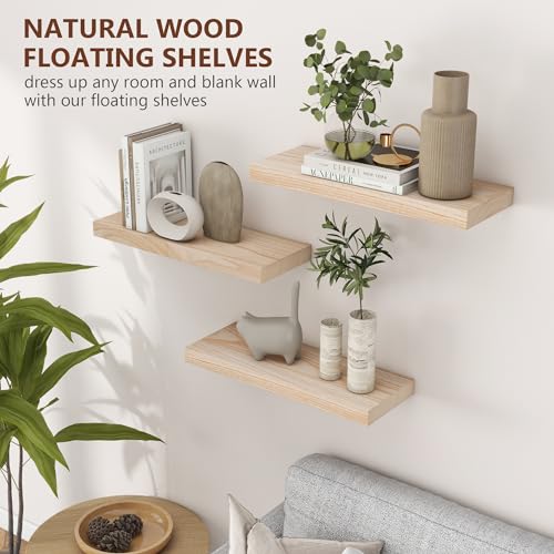fuqing Natural Wood Floating Shelves, 17 Inch Wooden Wall Shelves Set of 3 | 6.7 Inch Deep Natural Wooden Shelves for Bathroom Living Room, Lightweight, 30LBS, Hardware Included, Waterproof Finish - color: Natural, size: 17 Inch