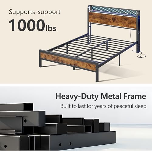 Queen Bed Frame with Headboard,Charging Station and LED Lights | Metal Platform Bed with Charging Station and LED Lights, Noise Free, Easy Assembly,No Box Spring Needed, Brown - size: Queen