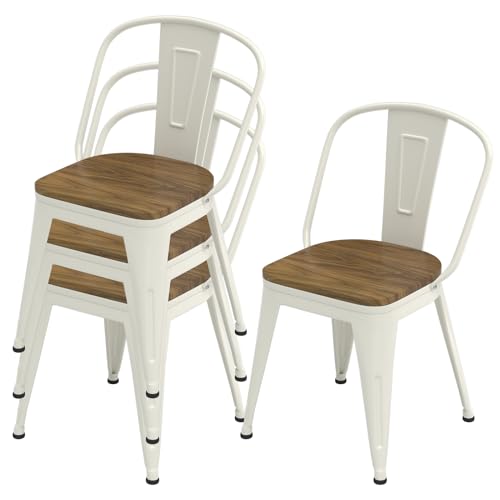 18 Inch White Dining Chairs Set of 4, Farmhouse Metal Chairs with High Back and Wooden Seat, Stackable Industrial Bar stools for Dining Room (White) - color: White