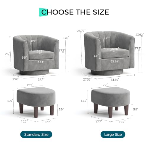 LINSY Large Swivel Accent Chair with Ottoman, Velvet Barrel Chair with Footrest, Modern Upholstered Comfy Reading Chair Armchair for Living Room, Bedroom, Study Room, Office, Grey - color: Grey, size: Large