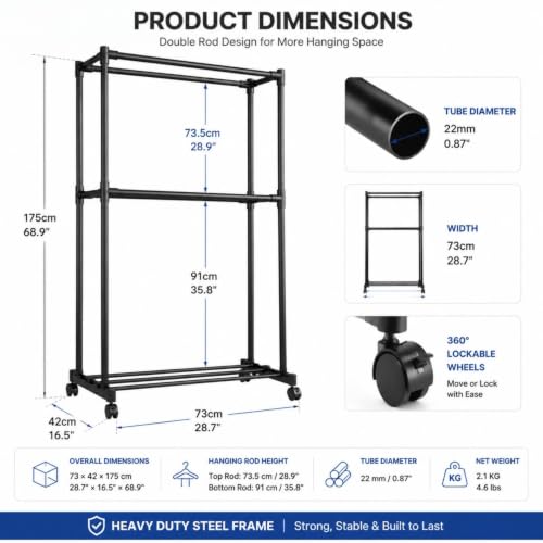 Double Rods Clothes Rack, Heavy Duty Metal Garment Rack with Wheels & Shelf