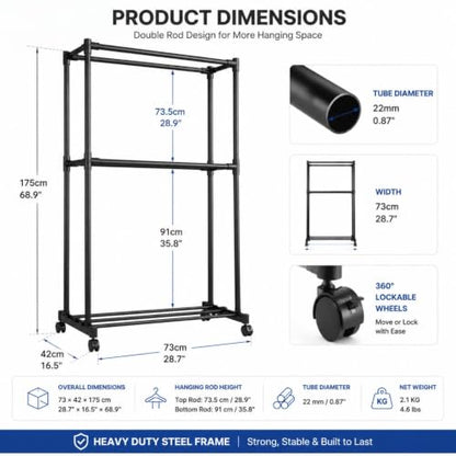 Double Rods Clothes Rack, Heavy Duty Metal Garment Rack with Wheels & Shelf