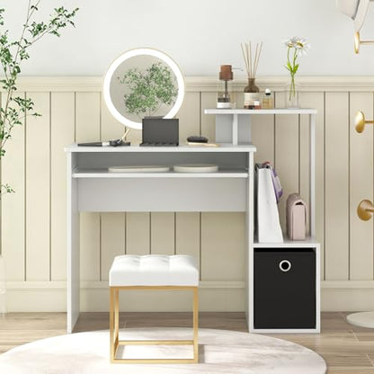 Tangkula Computer Desk with Fabric Drawer & Keyboard Tray, Space-Saving Study Writing Desk with Open Storage Shelves & Printer Stand, Modern Home Office Computer Workstation for Small Spaces (White)