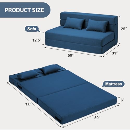 SUYOLS Folding Sofa Bed with Pillows- Convertible Chair Floor Couch & Sleeping Mattress, Foldable Memory Foam Sleeper for Living Room/Dorm/Guest Room/Home Office/Apartment/Loft, Full, Navy Blue - color: Navy Blue, size: Full