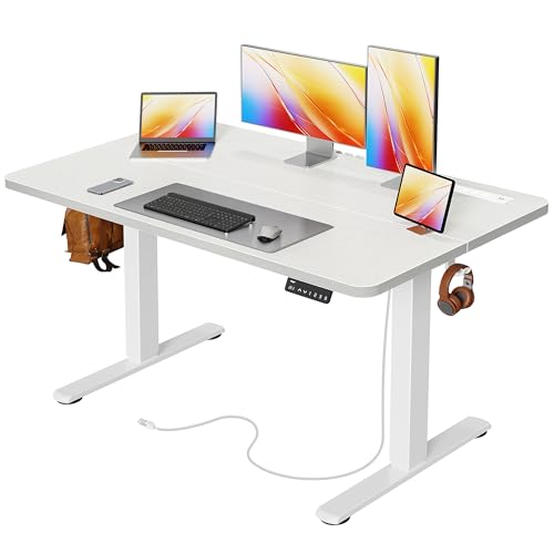 Huuger 전원 콘센트 및 USB-C 포트가 있는 전기 스탠딩 데스크, 119.9 x 61cm(47 x 24인치) 높이 조절 가능한 책상, 홈 오피스, 컴퓨터 및 게이밍 책상용 앉은 스탠드 데스크, 4개의 프리셋, 안정적인 스틸 프레임, 화이트 - color: 화이트., size: 47.2 x 23.6 inch