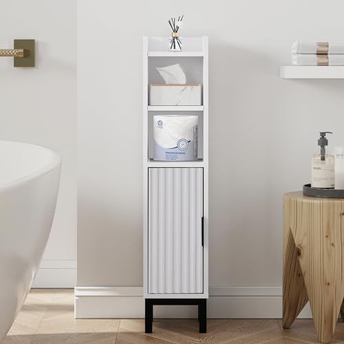 FerniTry Small Bathroom Storage Cabinet, Narrow Corner Floor Cabinet with Door and Shelves for Toilet Paper, Bathroom Organizer with Adjustable Shelf, for Small Spaces (White) - color: White, size: 4-Tier