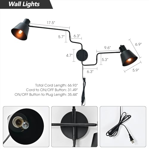 Black Swimg Arm Wall Sconce 2-Light Long Swivel Arms Wall Lamp | Large Plug in Wall Mount Lighting Fixture Adjustable Industrial Wall Light for Living Room Bedroom - color: Black-C 2-Lights