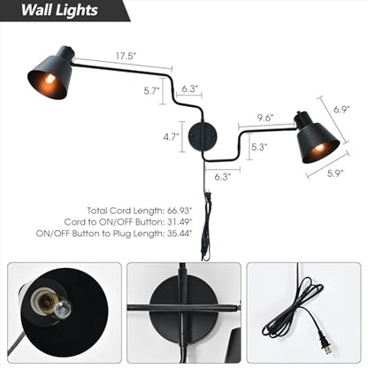 Black Swimg Arm Wall Sconce 2-Light Long Swivel Arms Wall Lamp | Large Plug in Wall Mount Lighting Fixture Adjustable Industrial Wall Light for Living Room Bedroom - color: Black-C 2-Lights