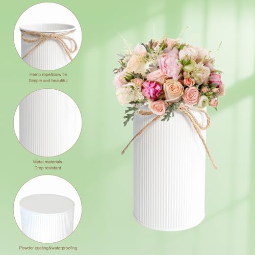 6" High Rustic Metal Mason Jar Vase Centerpiece for Table, White, 6 pcs | Leakproof, Galvanized metal, With twine bow, for wedding / parties / home/ office, For fresh & fake flowers, Utensil holder‌ - color: White