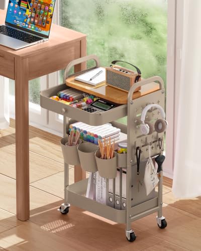 ALVOROG 3 Tier Metal Rolling Cart with Drawer,Wood Top,Pegboards,Khaki | Storage Utility Cart with Drawers,Pegboards,Lockable Wheels,Baskets,Hooks for Kitchen,Office,Bedroom,DIY Supplies - color: Khaki