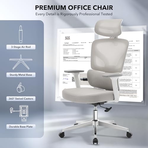 Ergonomic Office Chair Mesh – Adjustable Lumbar 3D Armrests High-Back Desk | Breathable mesh backrest; seat height & tilt-angle adjustment; smooth-rolling casters; easy to assembly, for Home, Office - color: Grey-d