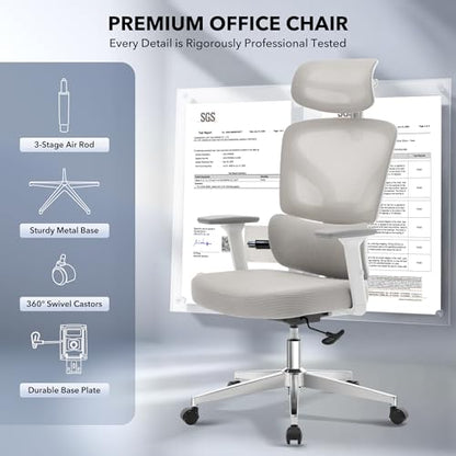 Ergonomic Office Chair Mesh – Adjustable Lumbar 3D Armrests High-Back Desk | Breathable mesh backrest; seat height & tilt-angle adjustment; smooth-rolling casters; easy to assembly, for Home, Office - color: Grey-d