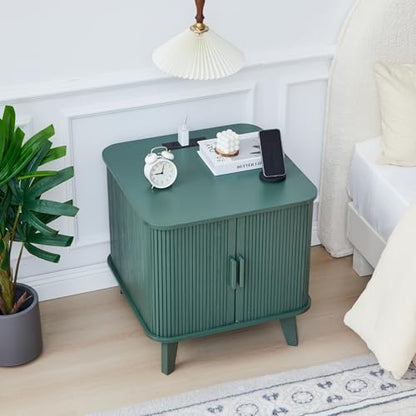 24" Large Fluted End Table with Charging Station, Farmhouse Sofa Side Table with Sliding Tambour Door & Storage, Curved Rustic Wood Nightstand for Living Room, Bedroom, Green - color: Green
