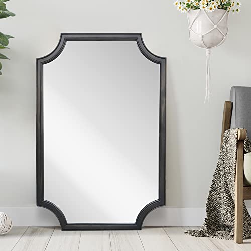 24" x 36" Full Scalloped Corners Arch Rectangle Wall Mirror with Wood Frame for Entryway, Living Room or Bedroom Home Decor - Light Woodgrain [24" x 36" Black] - color: Black F, size: 36"L x 24"W