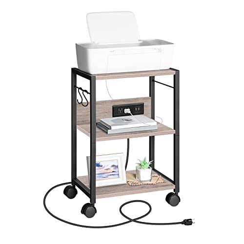 MAHANCRIS Industrial Printer Cart, 3-Tier Mobile Printer Stand, Rolling Cart with Power Outlets and USB Ports, Home Printer Stand with 2 Hooks, for Office, Living Room, Greige PTHG40E01 - color: Greige