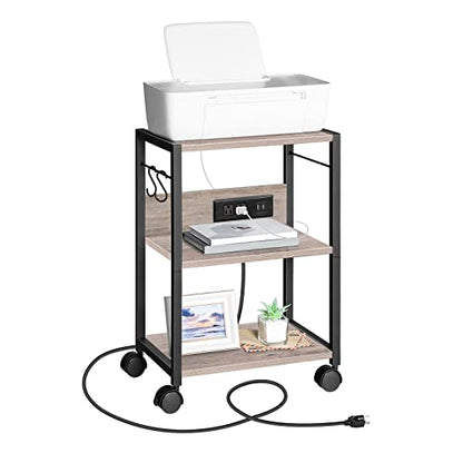 MAHANCRIS Industrial Printer Cart, 3-Tier Mobile Printer Stand, Rolling Cart with Power Outlets and USB Ports, Home Printer Stand with 2 Hooks, for Office, Living Room, Greige PTHG40E01 - color: Greige