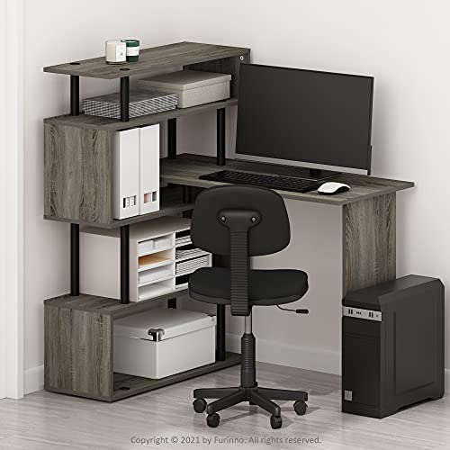 Furinno Classic Desk, 40" Wide L-Shape Gaming Desk, Computer Desk, Writing Desk with 5-Tier S-Shaped Side Shelves for Home Office, Study Room, Dorm, Bedroom, French Oak - color: French Oak/Black, style: 5-Tier Side Shelves